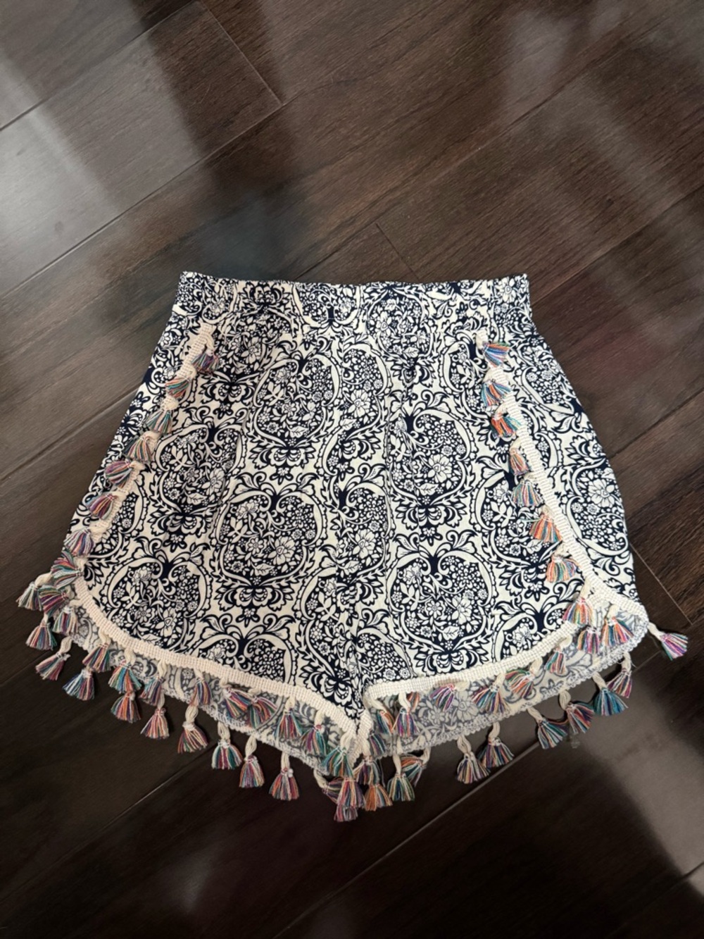 Navy and White Patterned Tassel Trim Shorts